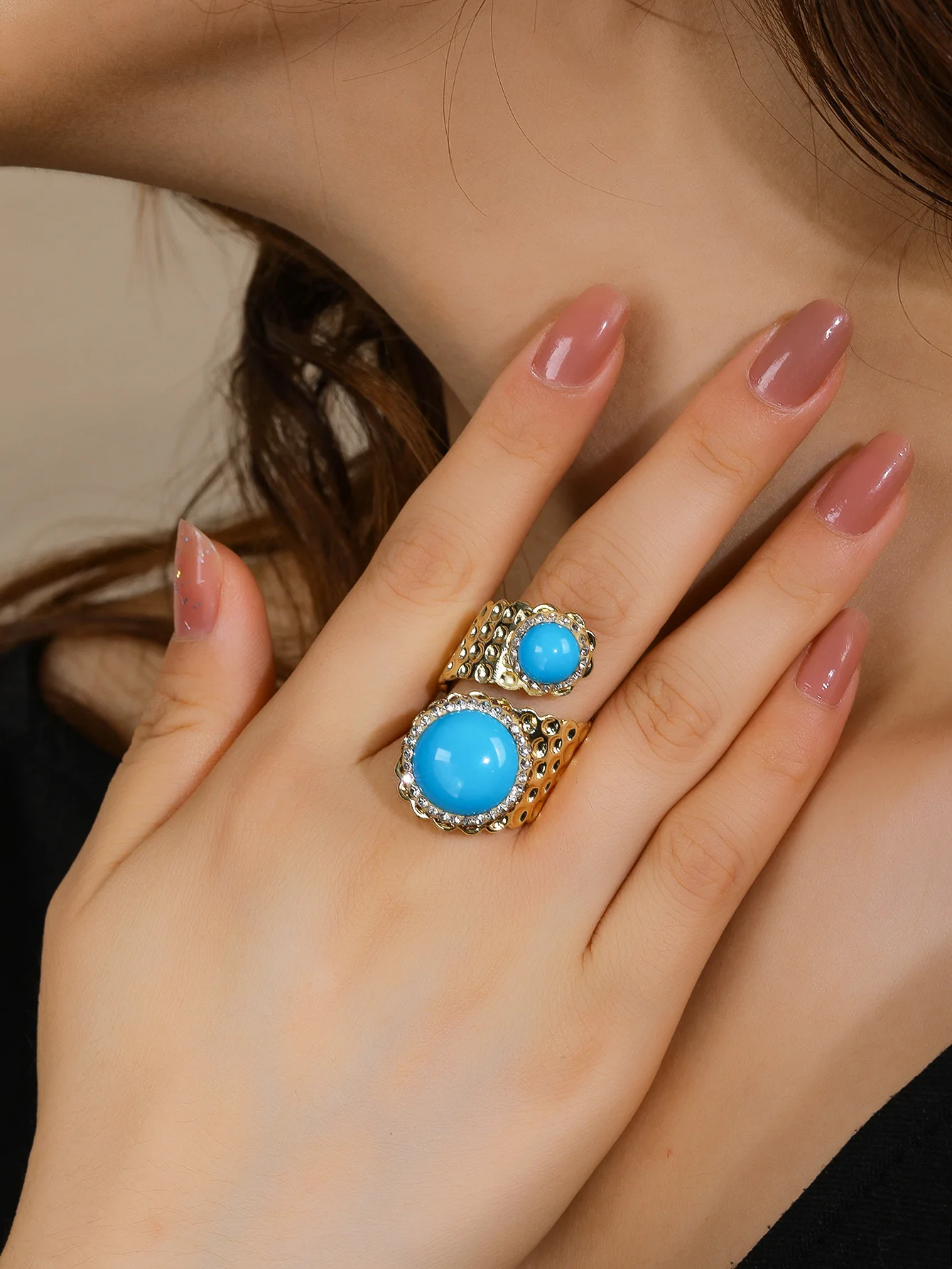 

YEEVAA Double Stone Turquoise Adjustable Open Ring Healing Crystal Gemstone Ring 14k Gold Plated Handmade Jewelry Gift