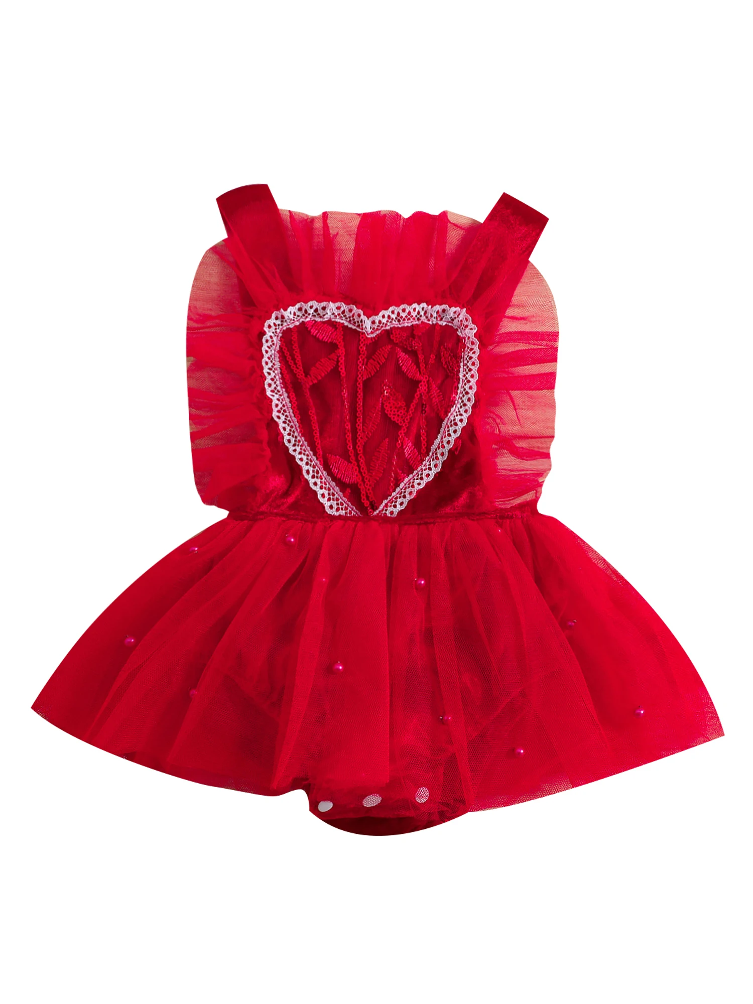 

Newborn Baby Girl Valentines Romper Dress Sleeveless Ruffle Heart Tulle Mesh Jumpsuit Bodysuit Dress