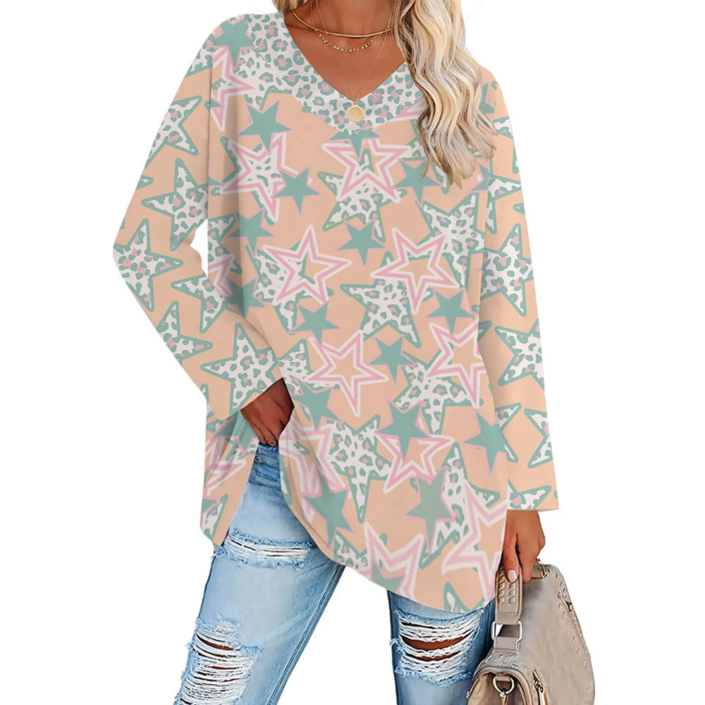 

Women Clothing Long T-shirt Star Printing V-neck Long Sleeve Women's T-shirt Casual Tops Long Sleeve Tee Oversized