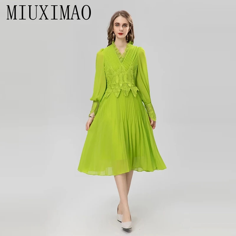 MIUXIMAO 2023 High Quality Spring Summer Elegant Dress Long Sleeve V-Neck Embroidered Fold Fashion Long Dress Women Vestide
