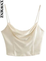 xnwmnz sexy revealing tops women fashion flowing collar satin cropped tank tops adjustable thin straps female camis mujer tanks