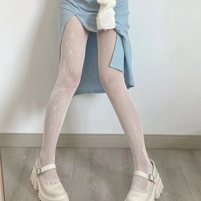 

Women Gothic Fishnet Pantyhose Harajuku Lolita Star Moon Polka Dot Patterned Tattoo Tights Small Mesh Cosplay Stockings