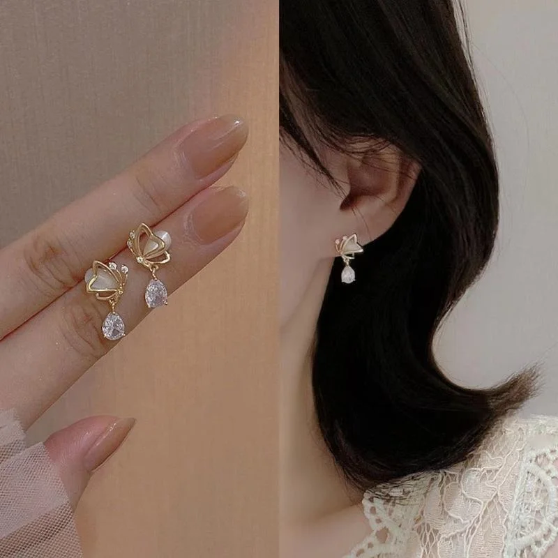

S925 Silver Needle Opal Butterfly Love Water Drop Zircon Earrings Young Girls Design High-quality Earrings Jewelry Gifts