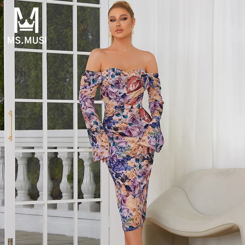 

Новинка 2023, модное женское сексуальное платье MSMUSI с открытыми плечами, складками, цветочным принтом и длинным рукавом, облегающее платье ми...