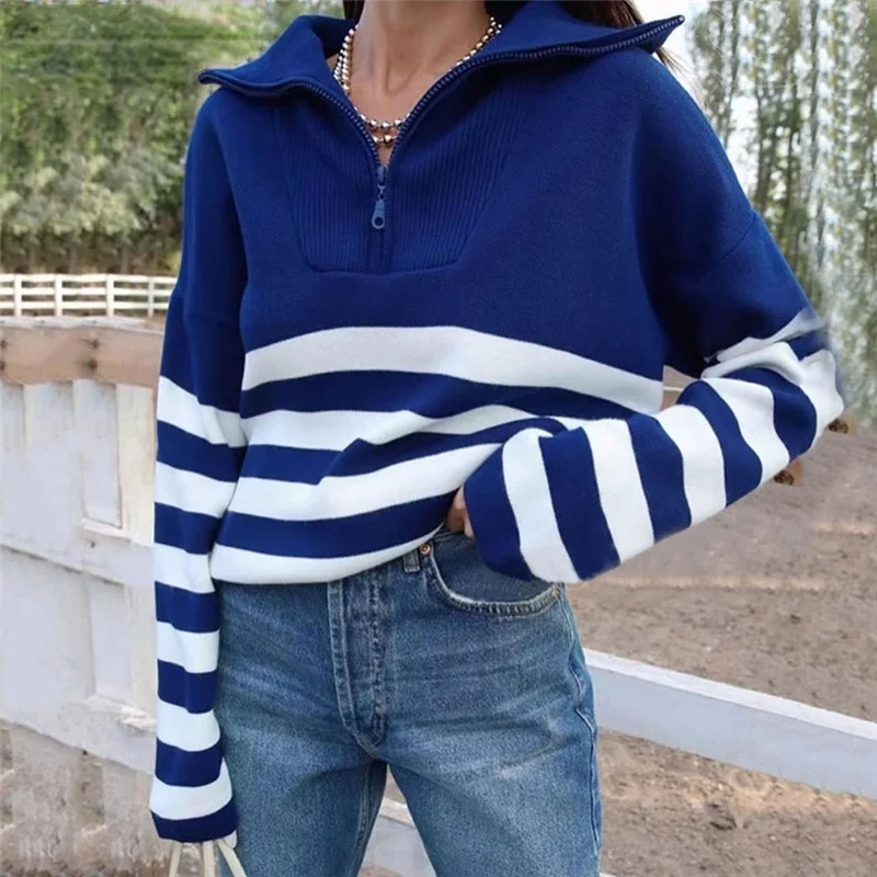 Полосатые вязаные свитера на молнии с длинным рукавом повседневный свободный