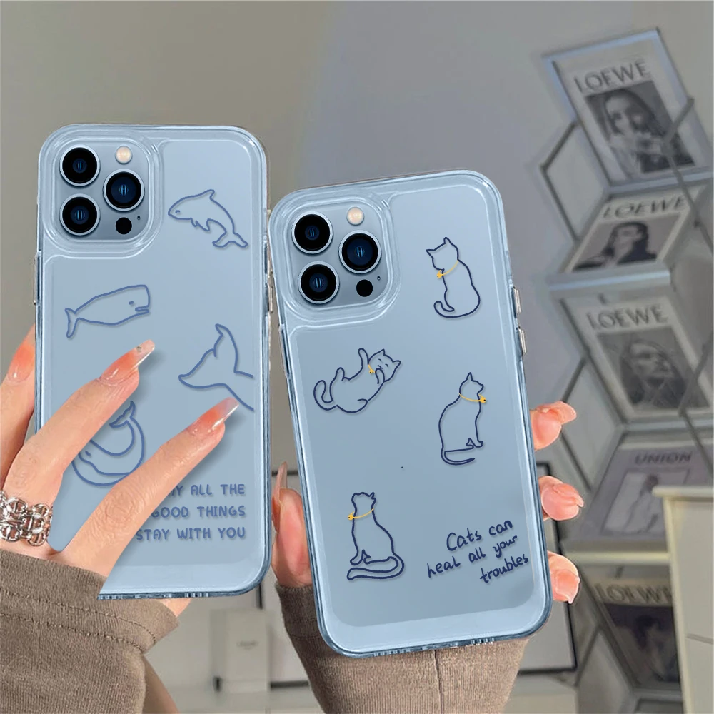 

Cute Line Animals Clear Case for iPhone 14 13 12 11 Pro Max Mini XS XR X Back Cover for iPhone14promax Capa Protection Fundas