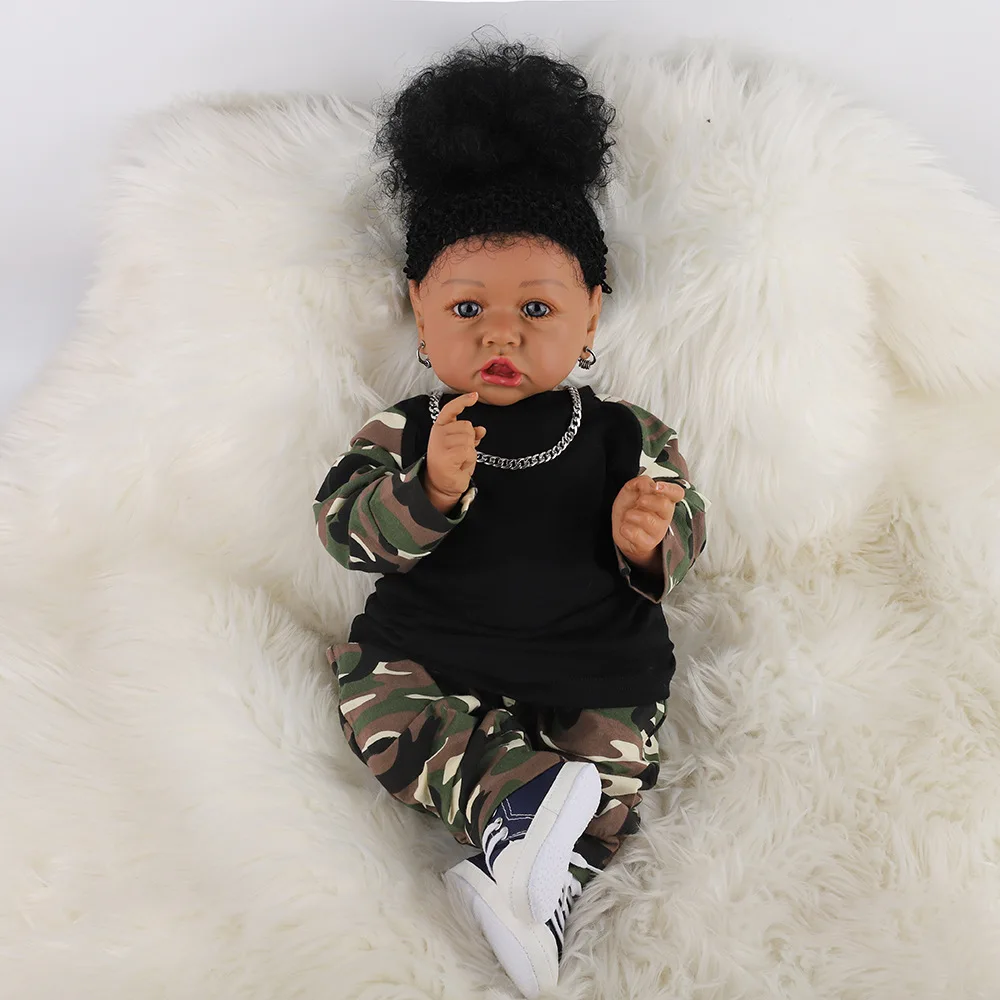 

58CM Black Skin Saskia Reborn Todderl Girl Baby Doll Lifelike Real Touch African American Baby Hand-rooted Hair