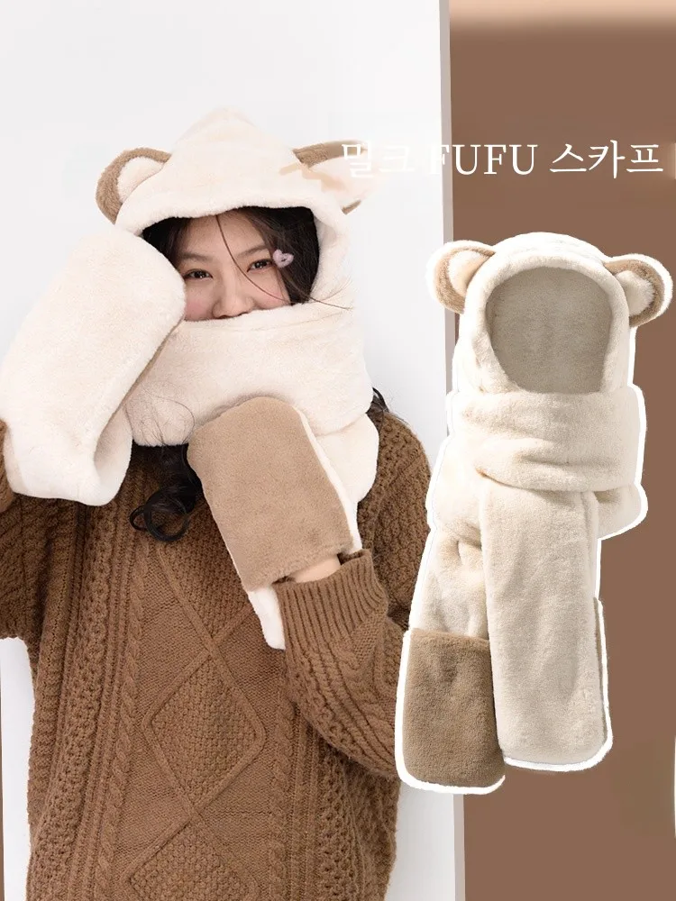 Шапка-шарф с медведем перчатки интегрированный женский осенне-зимний меховой