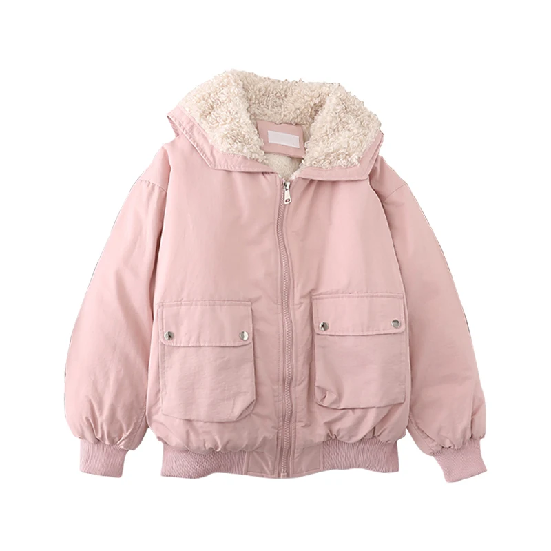 Winter Warm Yangyang Fleece Lined Candy Color Workwear Female Baggy Coat Circle Fur Collar Imitation Lamb Student Age Reducing
