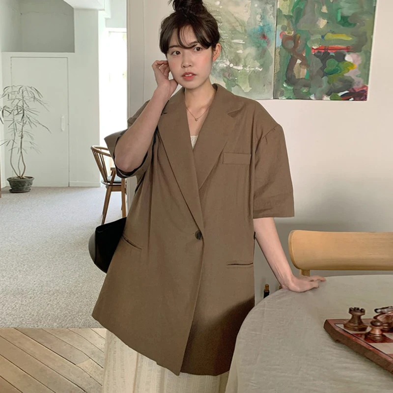 

VANOVICH Korean Style Summer New Vintage Temperament Single Button Casual Coat Loose Double Pocket Short-sleeved Linen Thin Coat