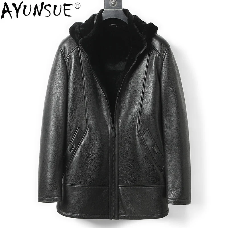 

Winter Natural Fur Coat Male Hooded Genuine Sheep Shearing Jacket Black Sheepskin Leather Chaquetas Hombre Gmm422