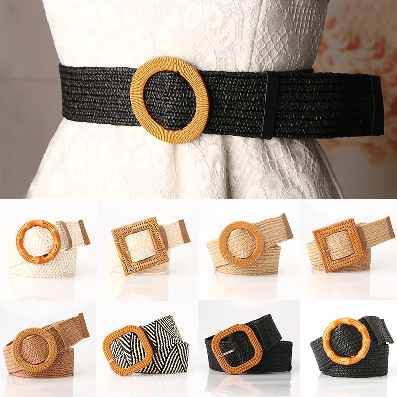 

Boho Style Imitation Straw Wide Belt Round Bamboo Buckle Dress Women Waist Belt PP Straw Hand-Woven Waistbands Summer Beach