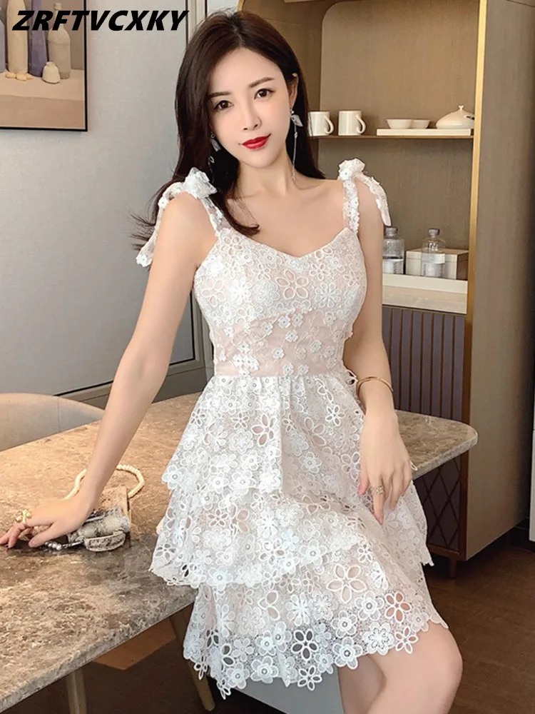 

High Quality Luxury Runway Sexy Women Off Shoulder Spaghetti Strap Dress New Summer Lace Spliced Bow White Elegant Party Dresses