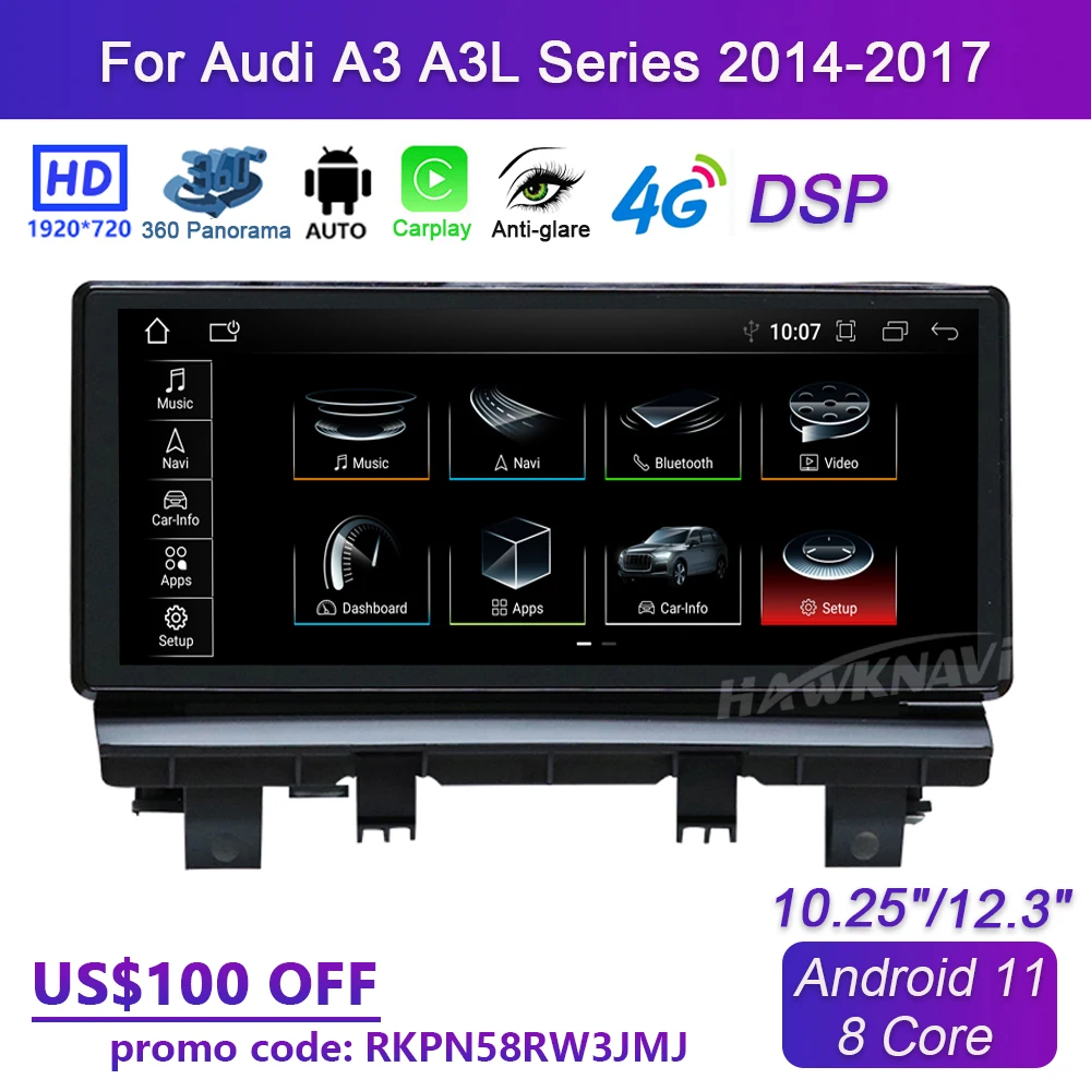 

Автомобильный мультимедийный плеер, стерео-система на Android 11, с GPS, 10,25 дюйма, 12,3 дюйма, для Audi A3, A3L, 2014-2017