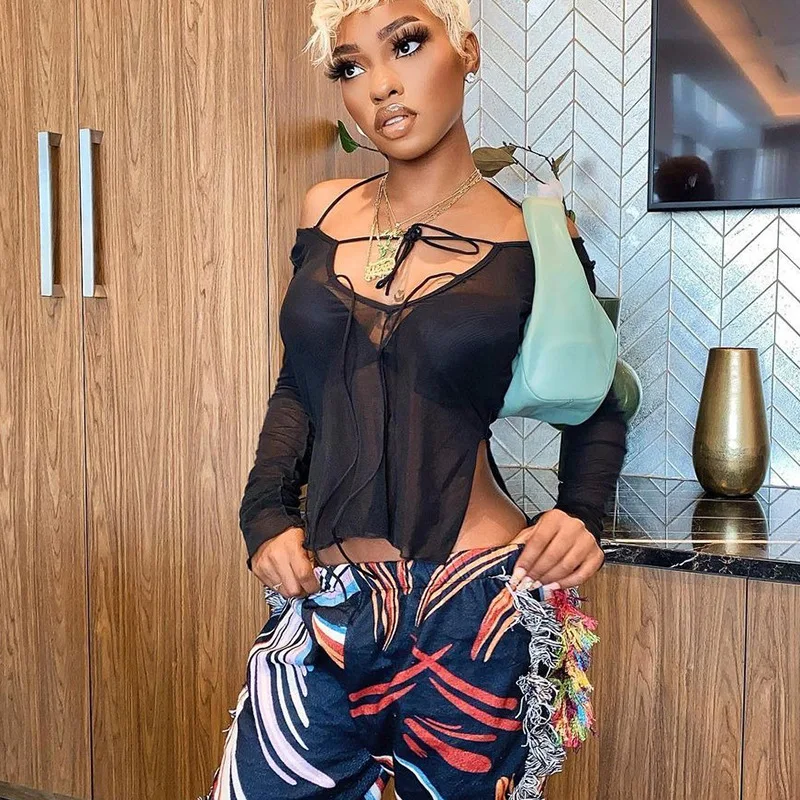 Летние сексуальные сетчатые футболки женские топы с лямкой на шее готические