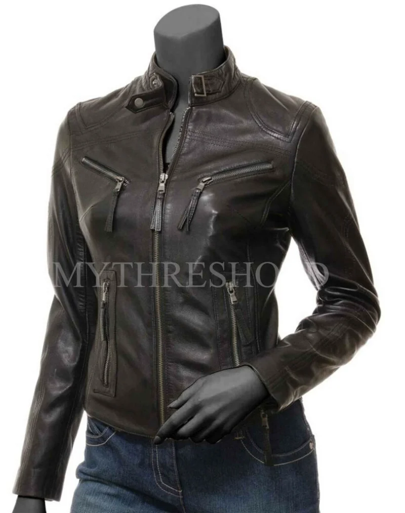 Womens Biker Motorcycle GENUINE BLACK Stylish Real Leather Jacket