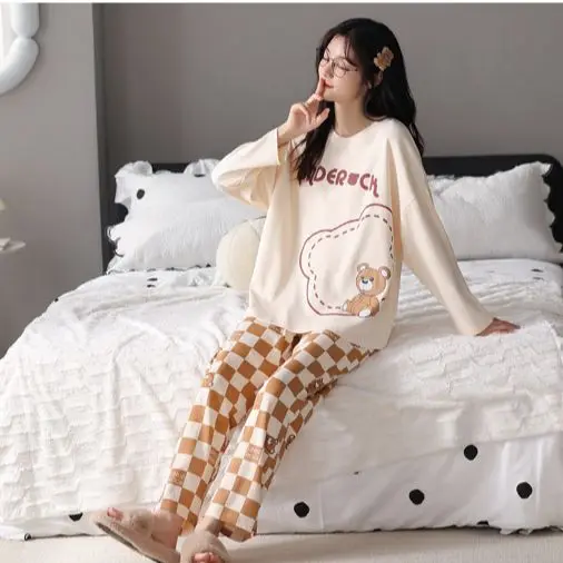 Yasuk Spring Autumn Fashion Women's Casual Soft Cotton Sleepwear Homewear Couple Pajamas Set With Pants Plaid Bear Couple Unisex