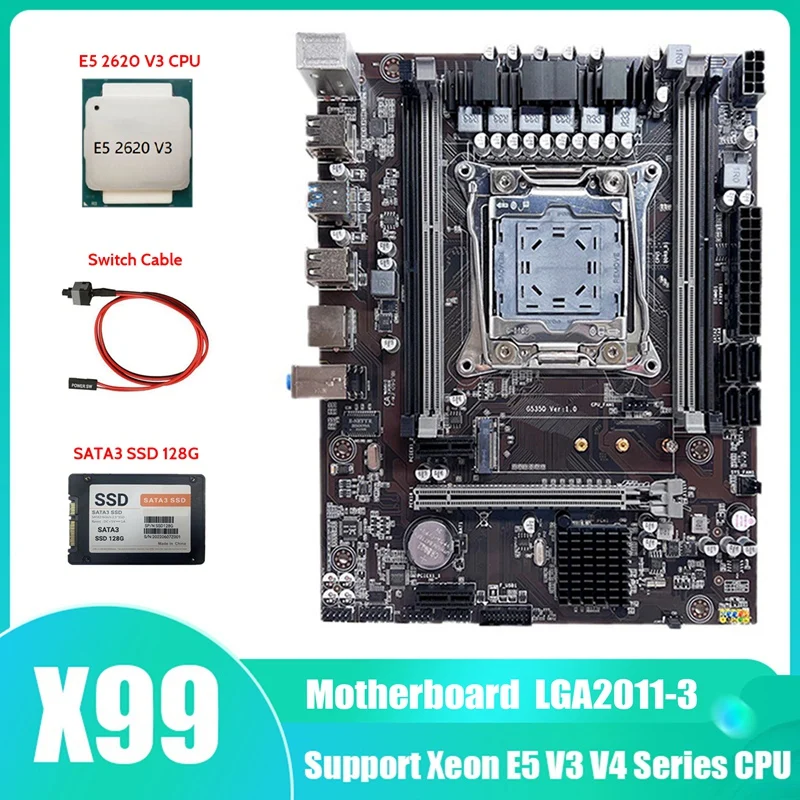 X99 Motherboard LGA2011-3 Computer Motherboard Support DDR4 ECC RAM With E5 2620 V3 CPU+SATA3 SSD 128G+Switch Cable