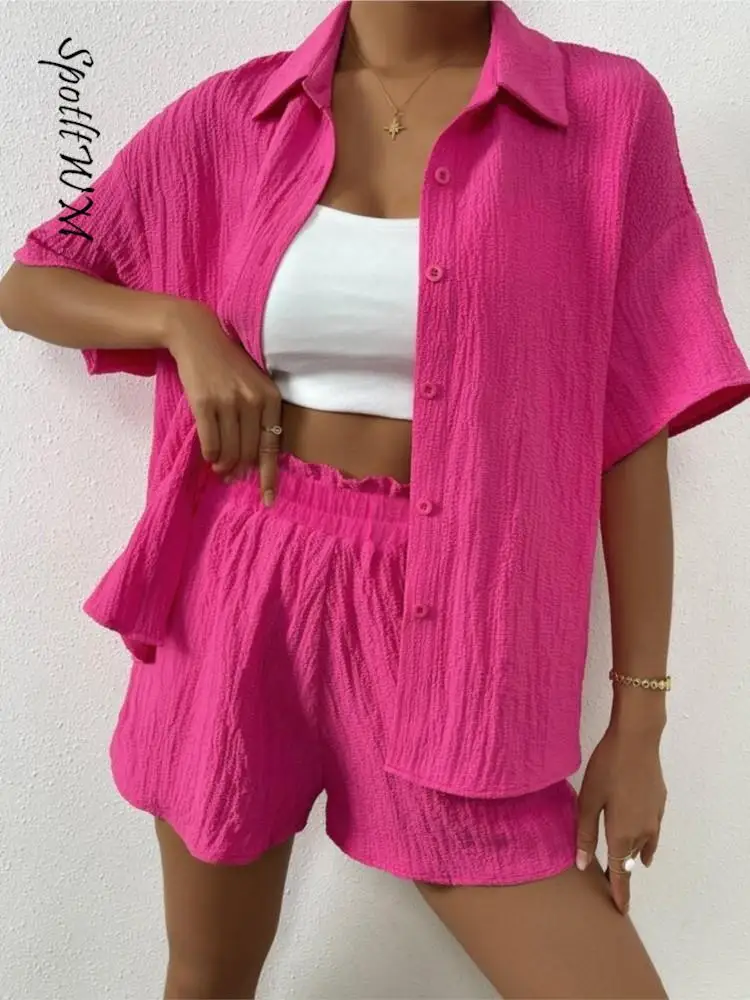 

Женский короткий спортивный костюм, однотонный плиссированный топ с коротким рукавом и отложным воротником, 2023