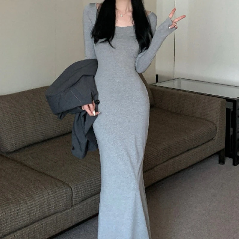 

Vintage Sexy Long Sleeve Dress Women Slim Bodycon Korean Elegant Fall Spring U Neck Long Woman Fishtail Skirt Vestidos De Mujer