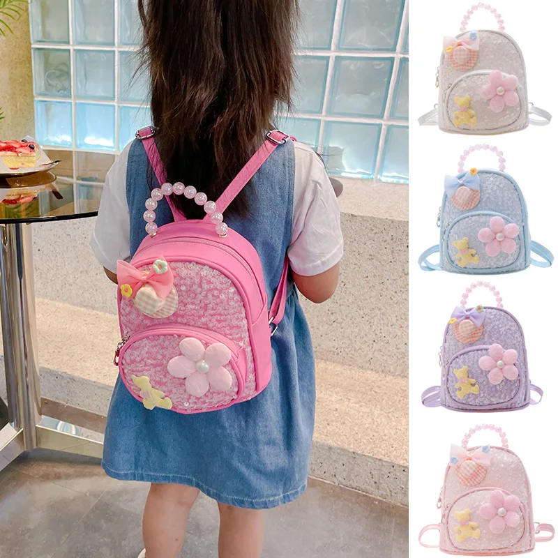 New Children's Sequin Bag Western Minnie Princess Pearl Bear Accessories Backpack Kindergarten Cute Girl Casual Backpack 4-6y