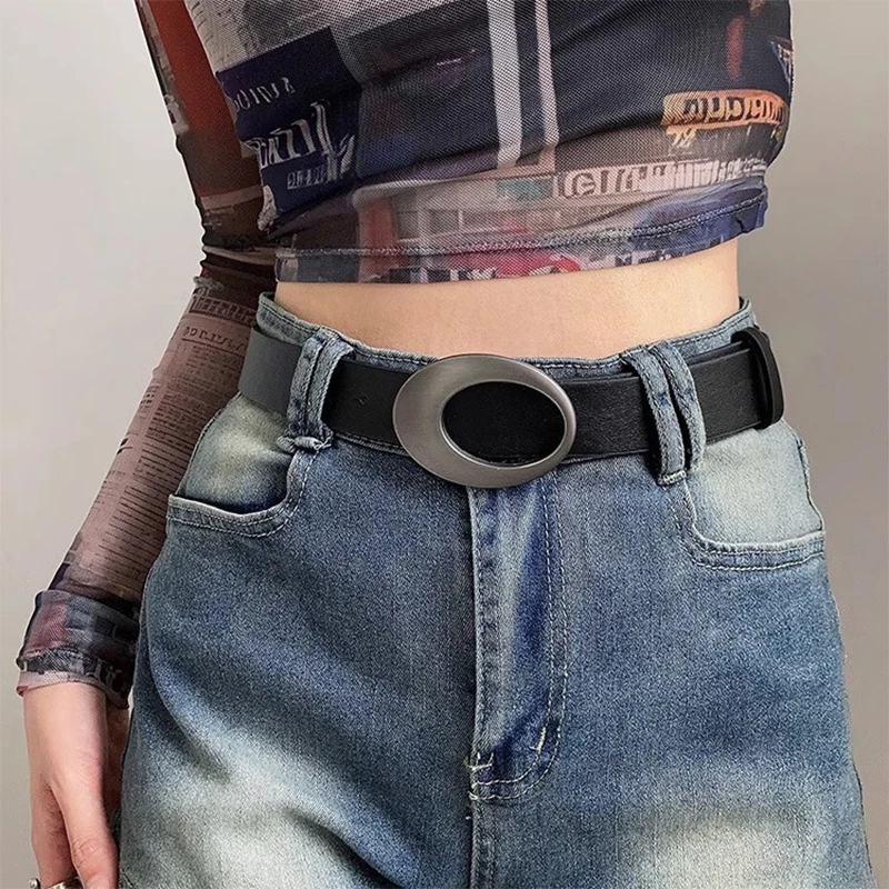 Ремень Y2K из искусственной кожи Женский винтажный пояс с металлической овальной