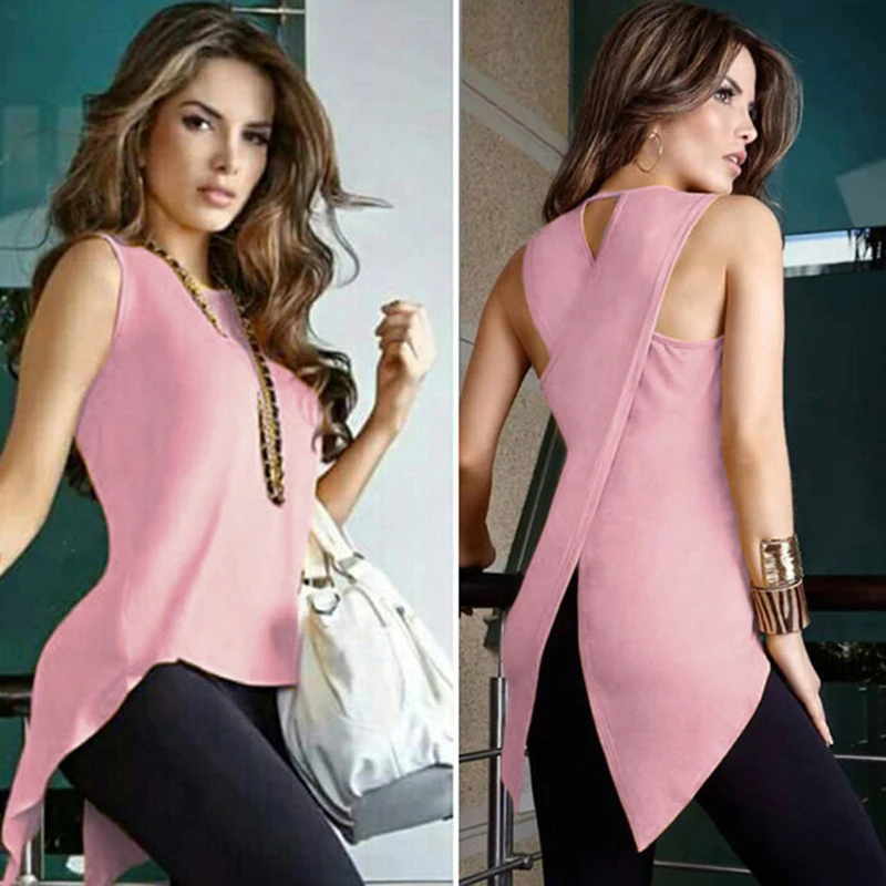 

Summer Women T-shirt Fashion Sexy Sleeveless Back Cross Female Tops Teetee Shirt Femme Irregular Slim Shirt