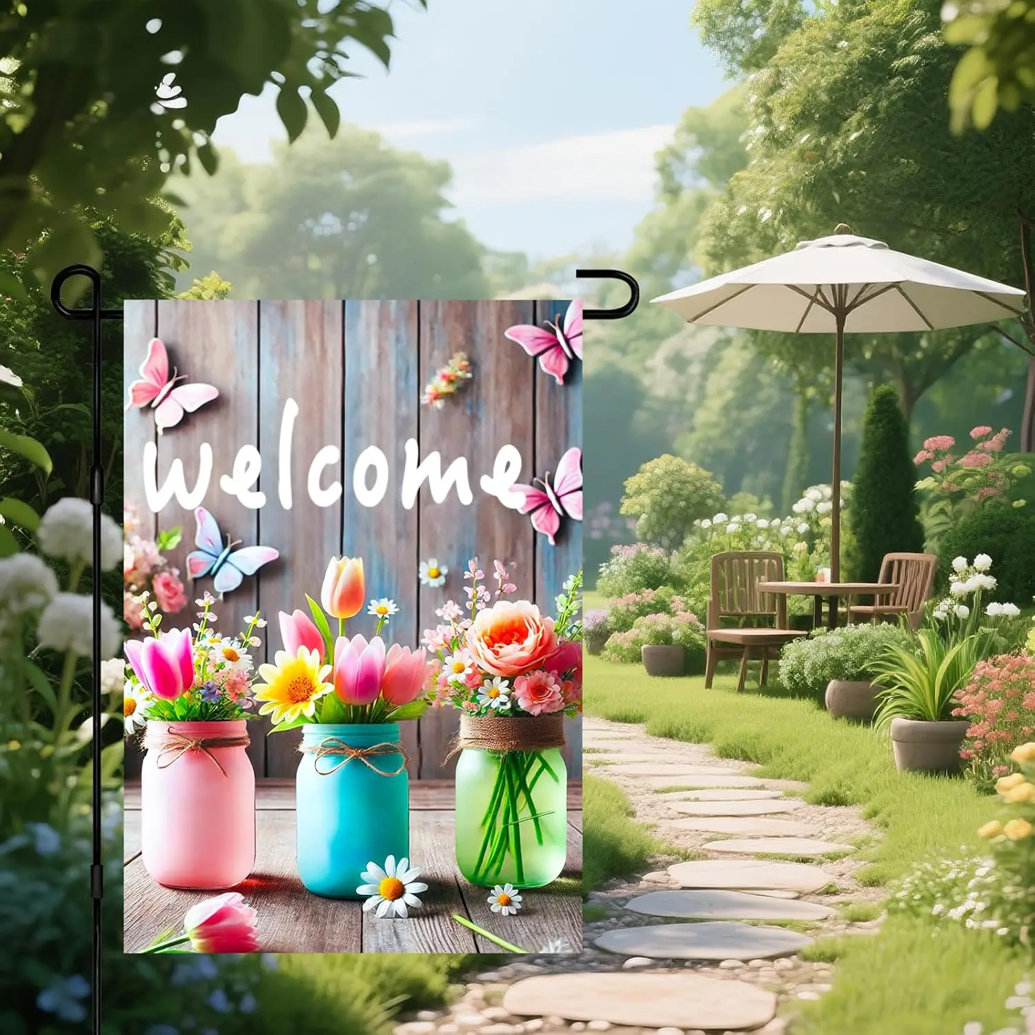 Флаг IVN Spring Garden 12x18 дюймов, двусторонний, для улицы, сезонный, с цветочными горшками и бабочками, для WZZ (art.: 3920dae0665eb) - 3920dae0665eb