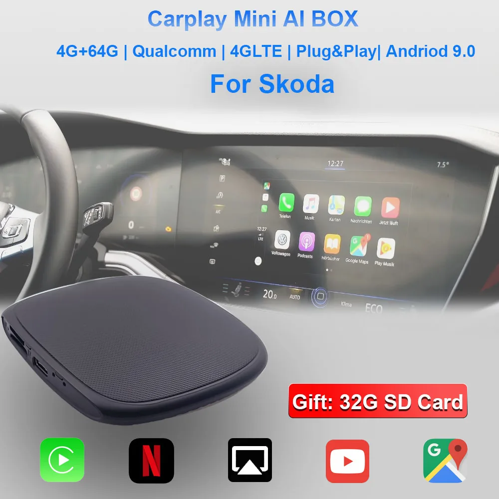 

Carplay Ai Android Box Car Multimedia Player Car play Dongle Wireless Android 9.0 Auto Applepie Mini 4+64G For Skoda 2016-2021