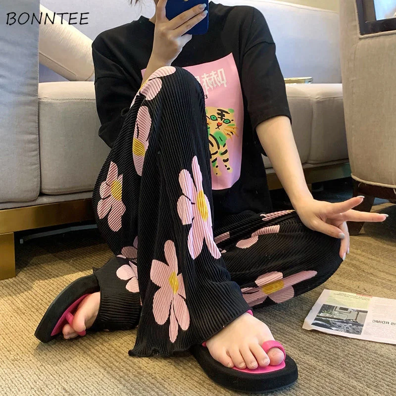 

Женские брюки с цветочным принтом, свободные дышащие дизайнерские универсальные повседневные летние брюки в корейском ретро стиле для отдыха, милые повседневные Индивидуальные Женские Складки, Новинка