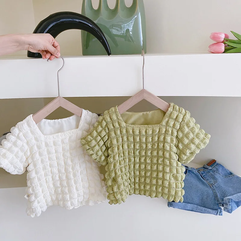 

Летняя Детская эластичная Однотонная футболка с коротким рукавом и квадратным воротником