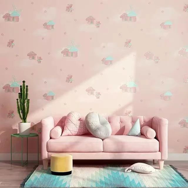 

30/5000 простые пасторальные экологически чистые нетканые обои с мультяшным медведем теплые грибы для комнаты детской спальни