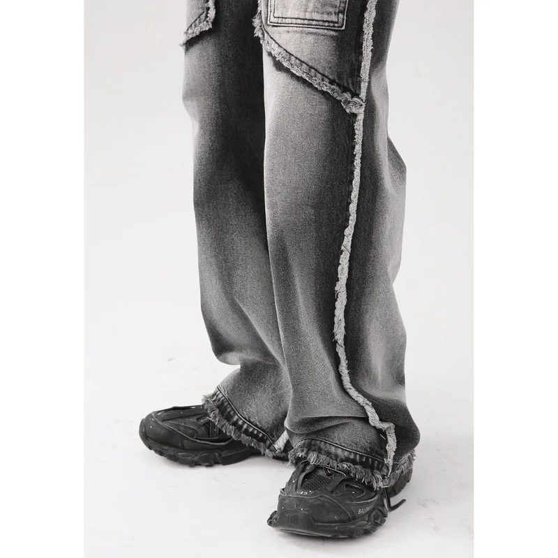 Mens Jeans Autumn New Retro Distressed Washed Raw Edge Straight Stitching Jeans