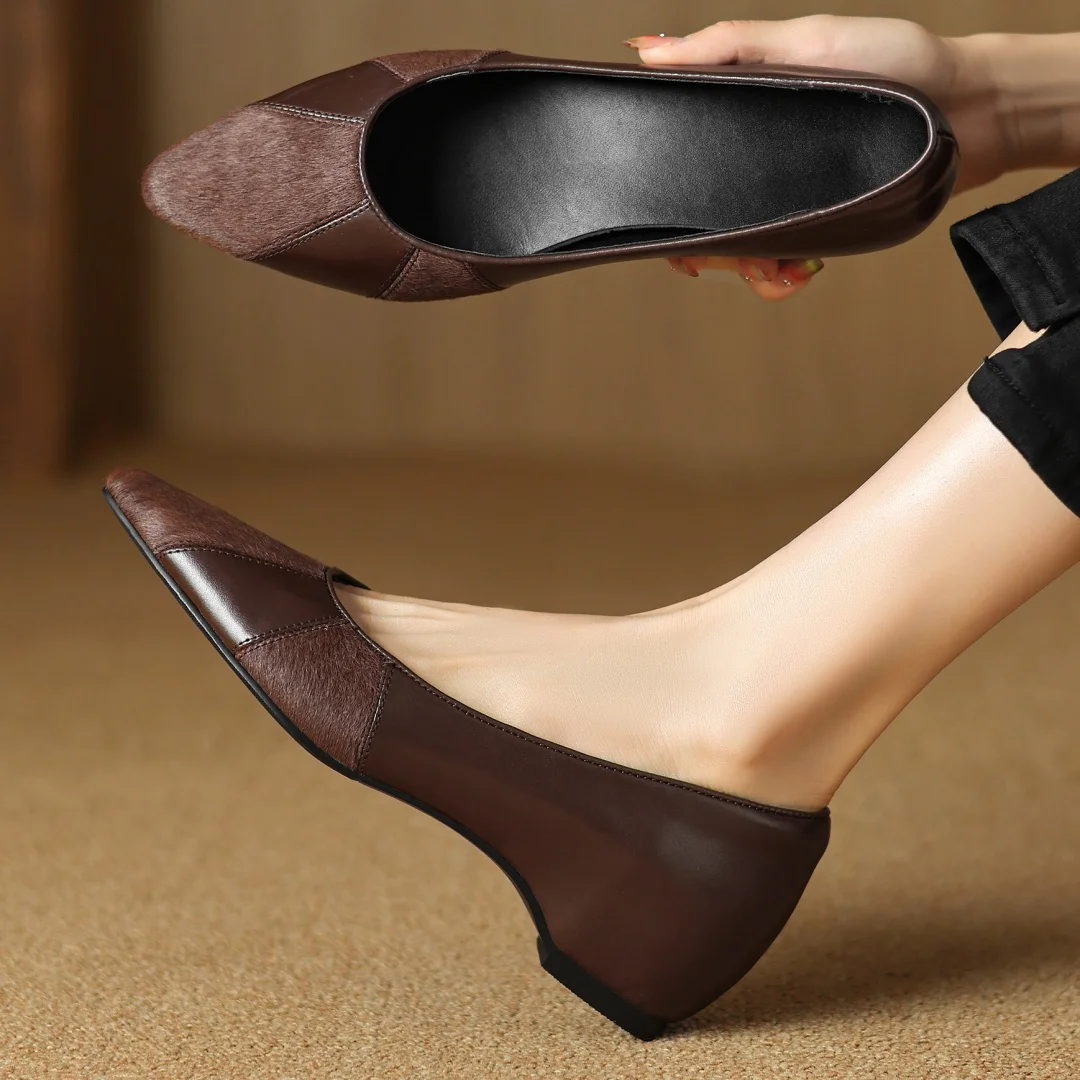 Женские Лоскутные туфли без шнуровки 34-41 из коровьей кожи с острым носком на