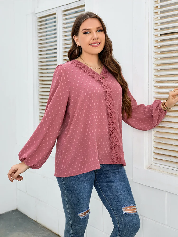 New solid color woven temperament commuter off-the-shoulder long-sleeved chiffon shirt roupa plus size feminino