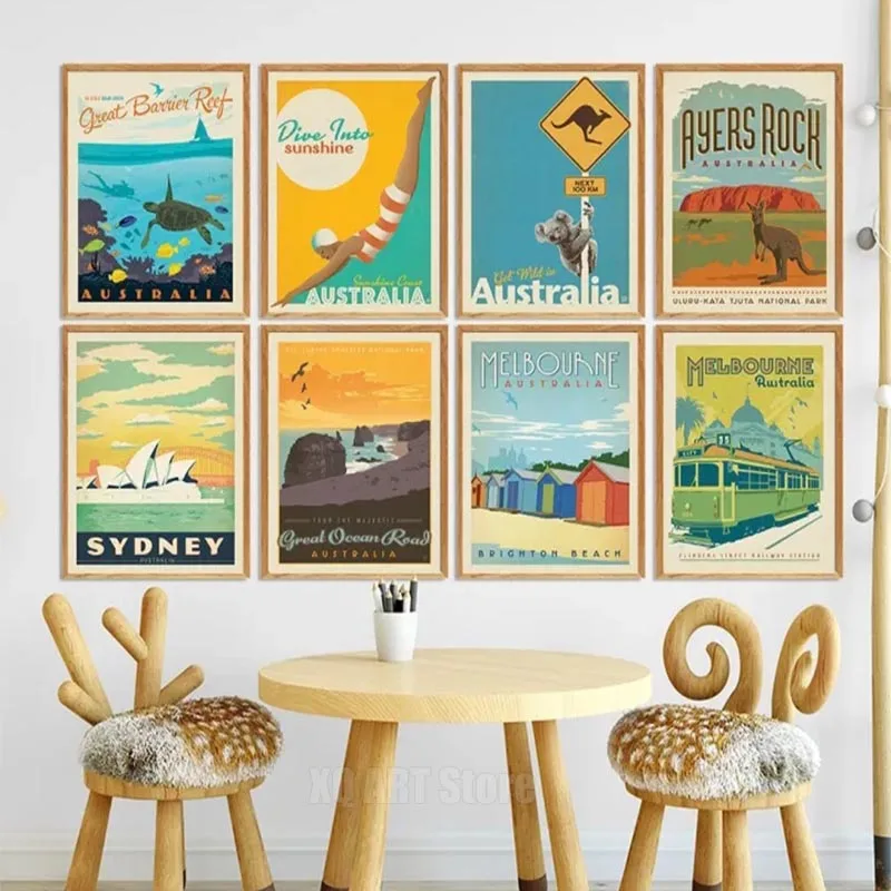 

Famous City Sydney Australia Travel Posters Cartoon Landscape Canvas Paintings Print Wall Art Pictures For Living Room Frameless