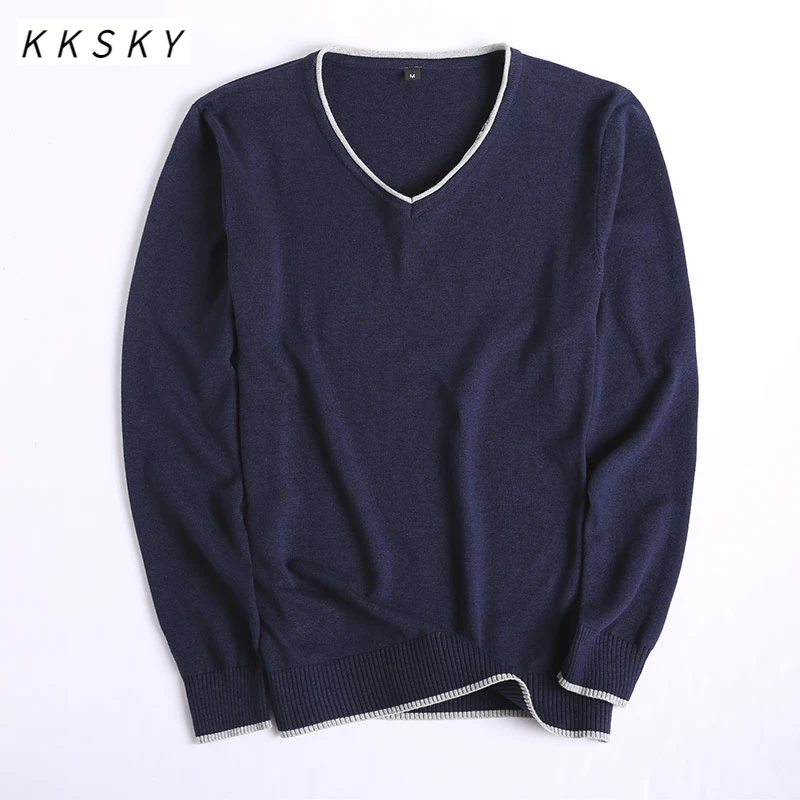 

KKSKY Men's Winter Sweater Pullover 100%Cotton V-Neck Solid Slim Sweater Jumpers Male Knitwear Man Clothes Overisze Simple Style