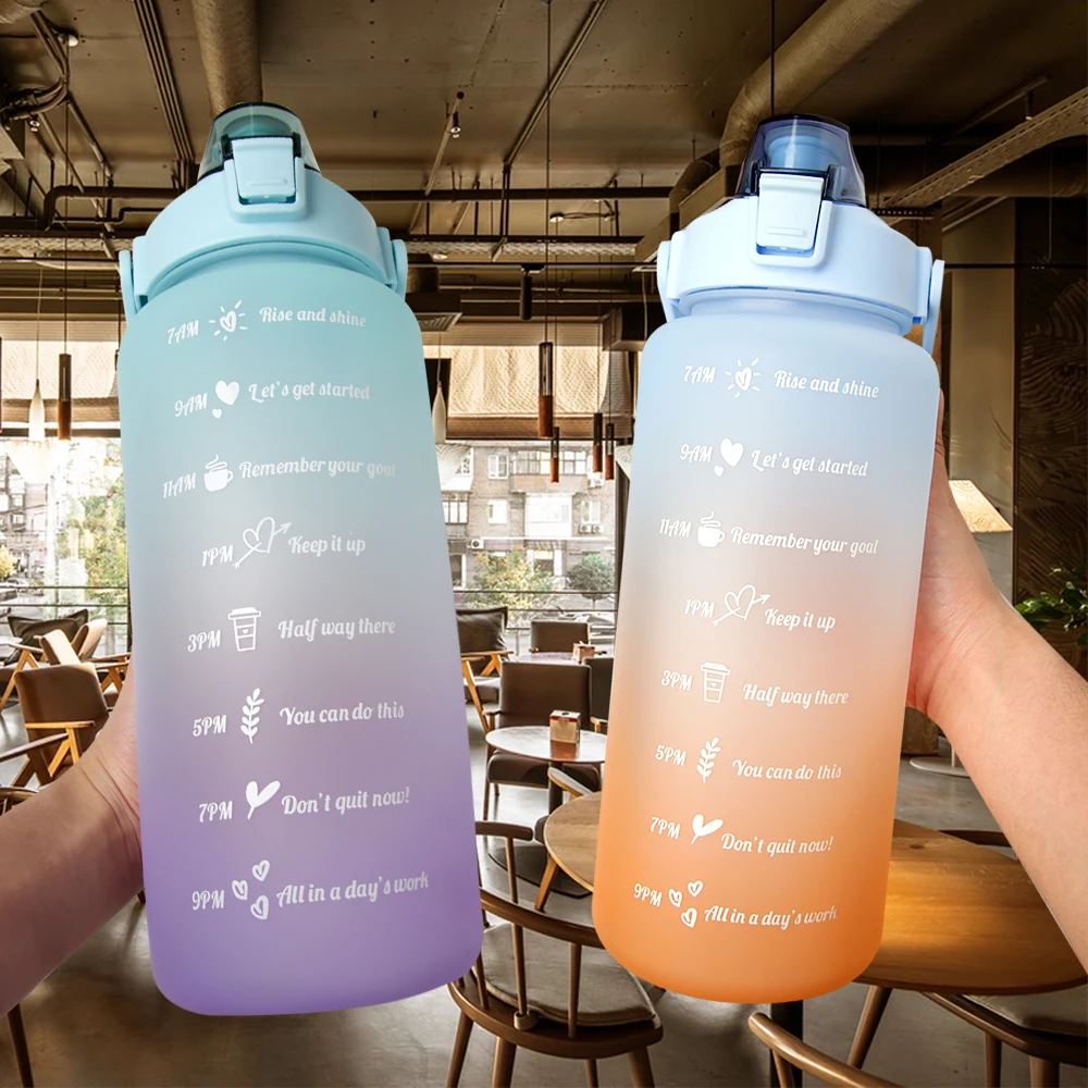 

2L Large Capacity Water Bottle Straw Cup Outdoor Sports Student Couple Cup High Temperature Plastic Water Cup Time Scale Frosted