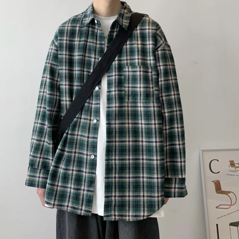 

Рубашка мужская хлопковая в клетку, модная Повседневная блуза оверсайз в стиле ретро, уличная одежда, свободная рубашка с карманами и длинн...