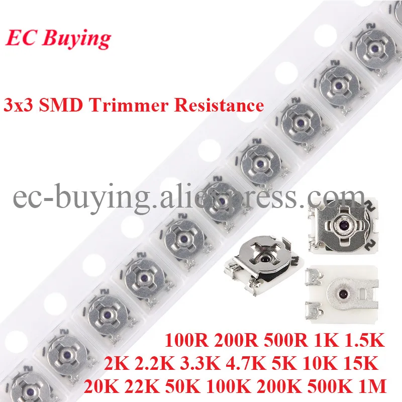 10pcs 3*3 Trimmer Resistance Potentiometer SMD 3X3 Adjustable Variable Resistor 100 200 1K 2K 5K 10K 20K 50K 100K 200K 500K Ohm