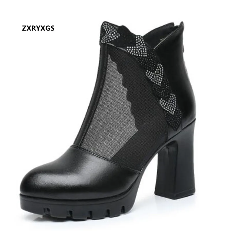 

2022 New Summer Rhinestones Cowhide Mesh Boots Black Fashion Sandals Round Toe High Heeled Sandals Trendy Boots Women Sandals