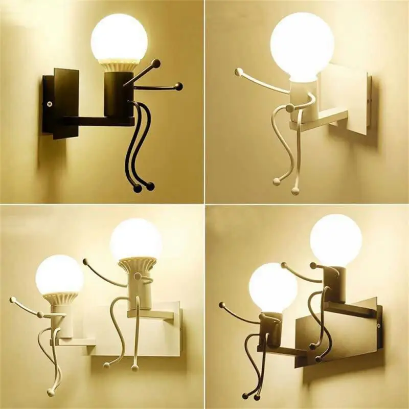 

Creative Led Lamp Iron Wall Light Chandelier Bedside Lighting Fixtures Little Iron Man On The Swing Bedside Lamp Black And White