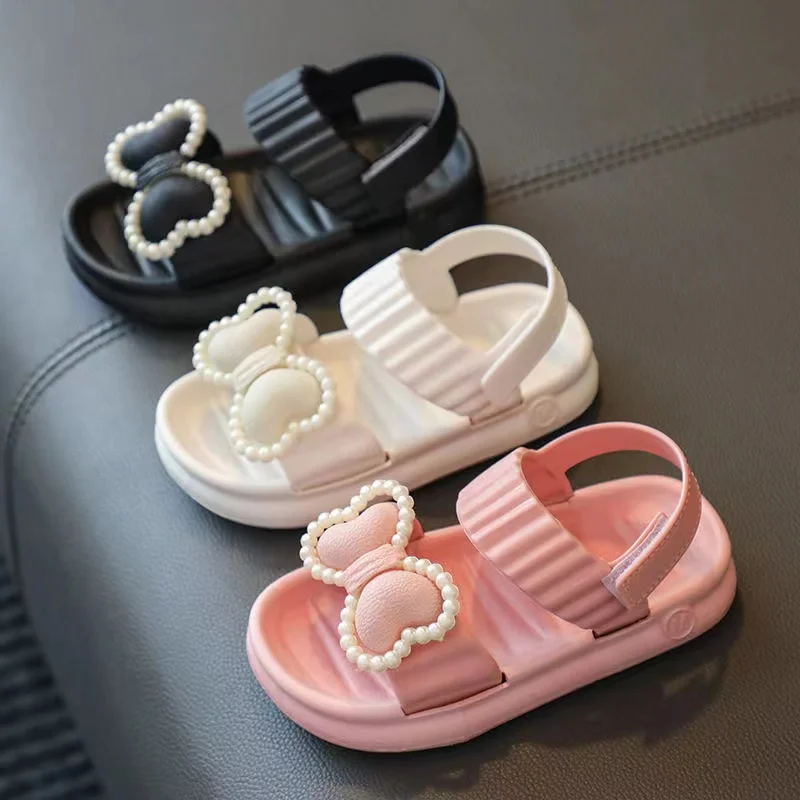 Congme Girls Sandals Summer Fashion Korean Style Kids Shoes Bow Pearl Anti-Slip Soft Casual Toddler Princess Shoes Beach Shoes