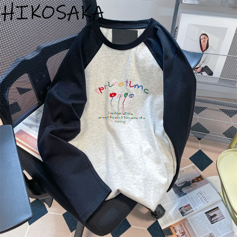 

American Vintage Letter Embroidery Long Sleeve Tshirts Women O-neck Loose Casual Pullover Top Y2k Aesthetic Clothes E-girls
