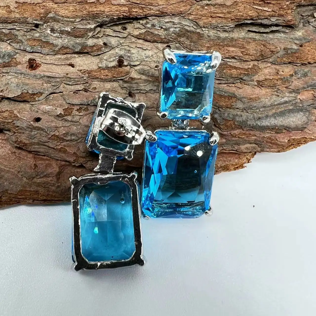 

New Fashion Rectangle Earrings Long Blue Zircon Jewelry for Women Girl Party Jewelry Gift