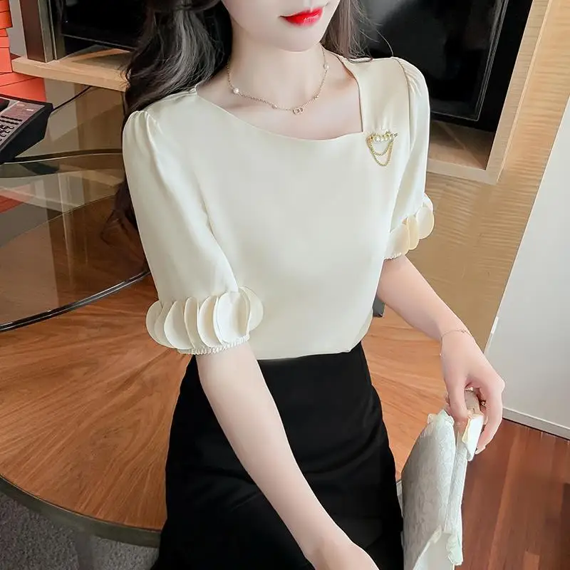 

Summer blouse European stitching slice lantern sleeve shirt female little fresh sweet pure color short sleeve blouse tops