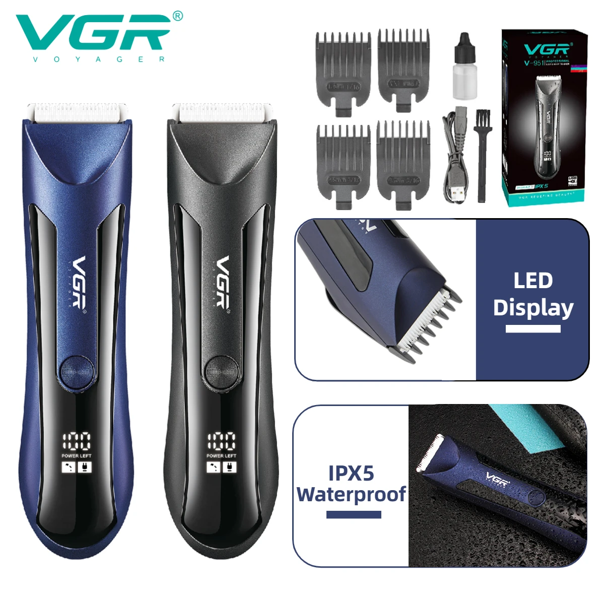 

VGR Hair Trimmer Electric Hair Clipper Waterproof Trimmers Rechargeable Haircut Machine Cordless Beard Trimmer for Men V-951