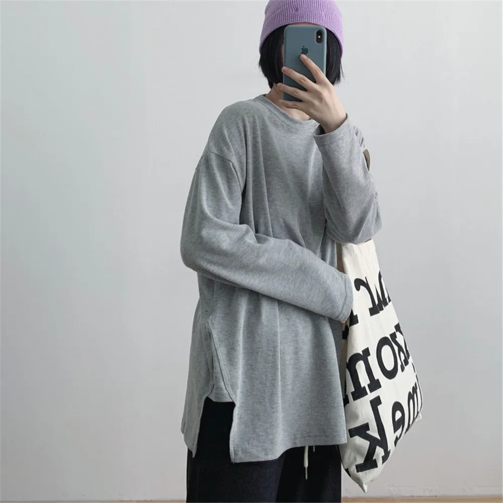 

Women's Design Round Neck Slit Brushed Long Sleeve T-shirt New Japan Korean Teen Clothes Loose Casual Autumn Spring 2022 Top
