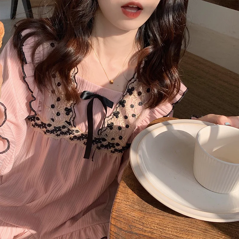 Yasuk Spring Autuum Fashion Women's Casual Sleepwear Homewear Sexy Lovely Sweet Pink Black Pajamas With Pants Soft Lace Bow