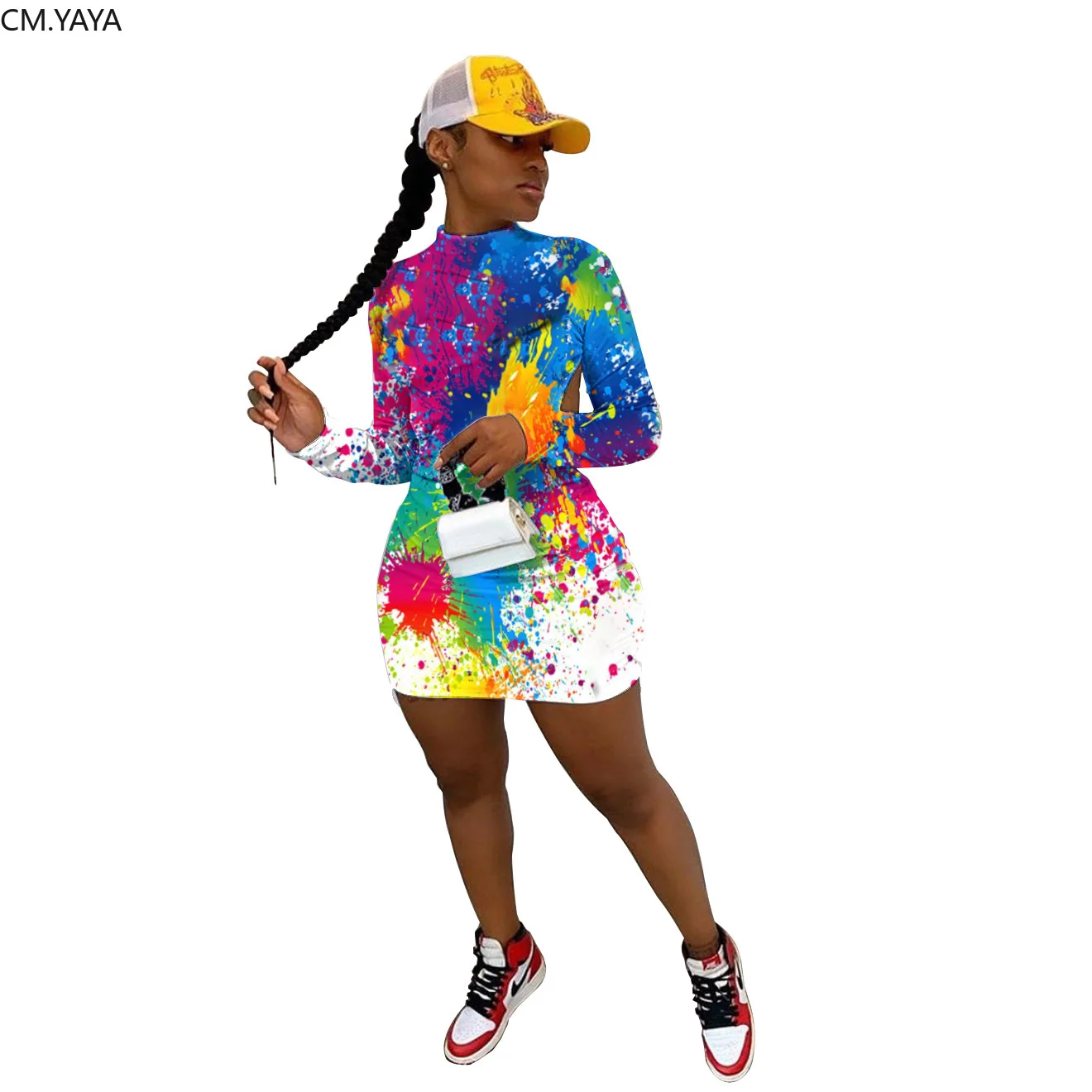 Женское мини-платье CM.YAYA облегающее платье с круглым вырезом длинным рукавом